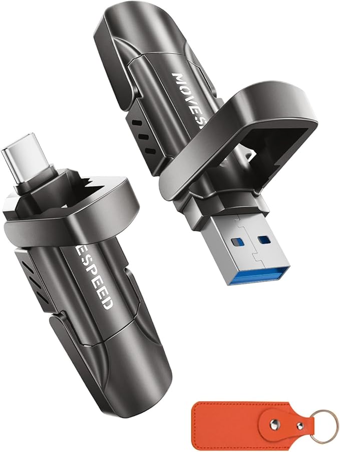MOVE SPEED 512GB Thumb Drive, 1000MB/s Read Write Speed, USB 3.2 Gen2+Type C Dual Interface SSD Drive with Leather Case Memory Stick for iPhone 15, 16, 17 Series/MacBook/Android/Audio etc(1 Pack)