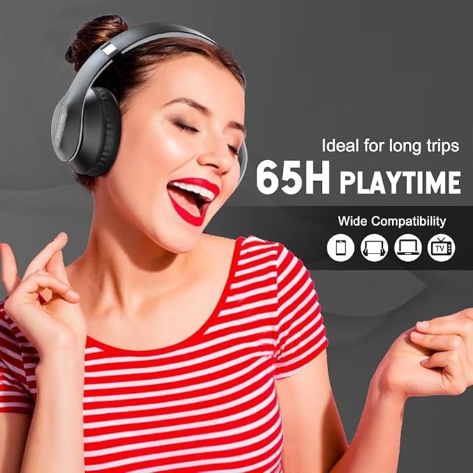 Wireless Bluetooth Headphones Over Ear 65H Playtime HiFi Stereo Headset with Microphone and 6EQ Modes Foldable Bluetooth V6.0 Headphones for Travel Smartphone Computer Laptop