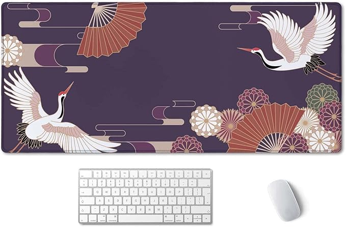 SSOIU Vintage Japanese Style Crane Birds Desk Mat, Purple, 35.5" x 15.7"
