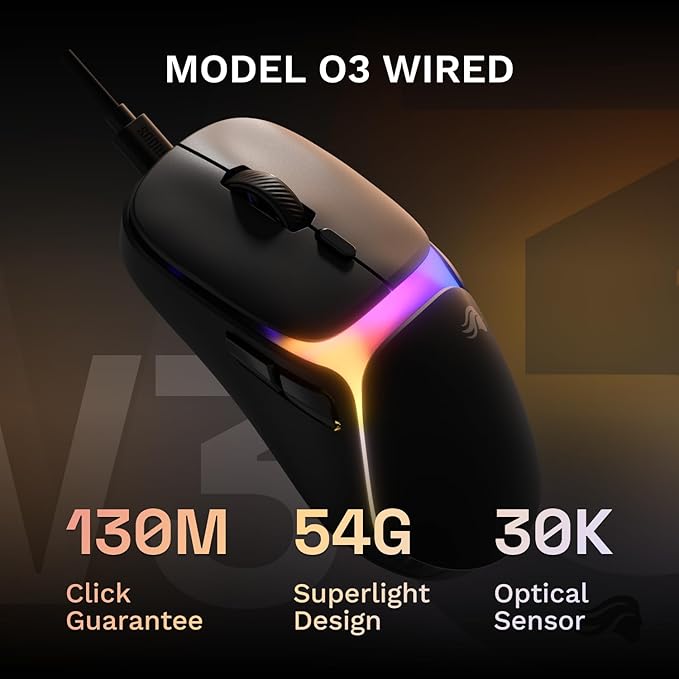 GLORIOUS Gaming Model O3 Wired Gaming Mouse - Ultralight 54g Weight, 130M Click Optical Switches, 30K DPI BAMF 3.0 Sensor, 750 IPS Tracking, 50G Acceleration, Supports All Grip Types - Black