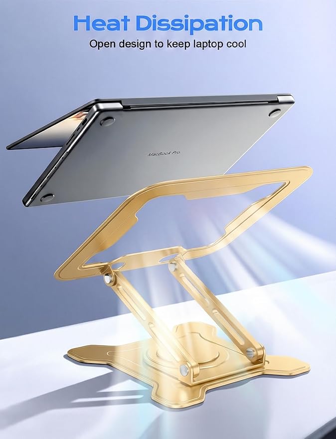 JCZT Adjustable Laptop Stand, 360° Rotating Base Ergonomic Computer Stand, Foldable Laptop Stand for Desk for Office Home Fits Compatible with MacBook Pro Air (10-16") - Gold