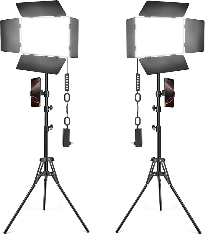 2 Pack LED Video Light Kit with Barn Door, Kewaiaa 30W Photography Light Panel with Stand, 3000Lux 2500K-8500K Dimmable Studio Lights for Video Recording/Filming/Photoshoot Shooting/Live Streaming