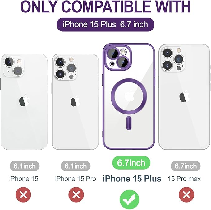 Hython Magnetic Clear for iPhone 15 Plus Case with Camera Lens Protector [Compatible with MagSafe] Luxury Plating Edge Slim Soft TPU Cover Protective Phone Case for iPhone 15 Plus 6.7", Matte Purple