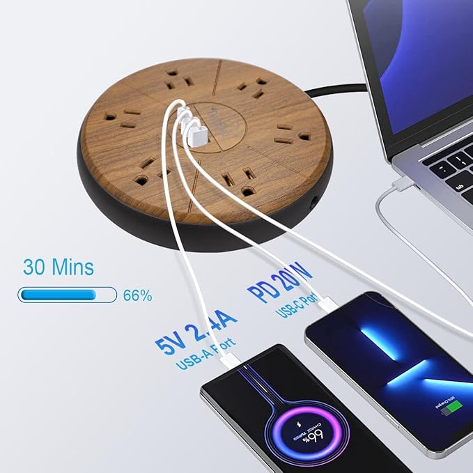 Power Strip Surge Protector 6 AC outlets with USB and USB-C PD 20W Fast Charging 15A 1875W high Power Output Widely Spaced Multi outlets Circuit Breaker Safeguard for Home,Office, Dorm Room