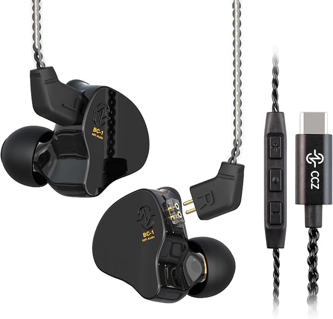 CCZ Melody USB C Headphones Wired Type-C in Ear Monitor, Professional USB C Wired Earbuds Gaming Earphones with 1BA 1DD Patent Ear fins Ear tips for Singer Musician Stage (Dark Black, USBC-With Mic)