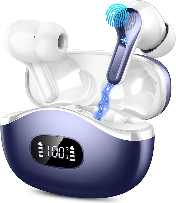 Wireless Earbuds, Bluetooth Headphones 5.4 HiFi Stereo, Ear Buds with 4 ENC Noise Cancelling Mics, 48H Bluetooth Earbuds with Dual LED Display, IP7 Waterproof in Ear Earphones, Deep Blue