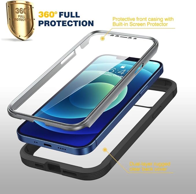 Diaclara Designed for iPhone 12 Mini Case, Full Body Rugged with Built-in Touch Sensitive Anti-Scratch Screen Protector, Soft TPU Bumper Case for iPhone 12 Mini 5.4" (Black and Clear)