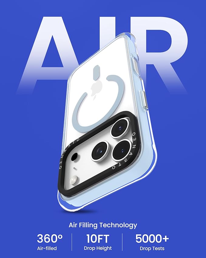 ORNARTO Air Case for iPhone 17 Pro Clear | Military-Grade Drop Protection | Camera Control Button | Compatible with MagSafe | Built-in Air Phone Cover - Light Blue