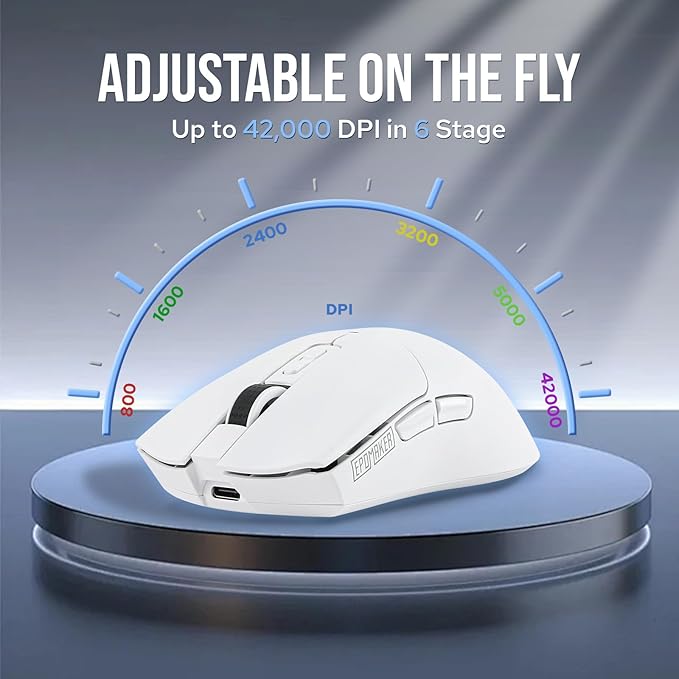 EPOMAKER Click Gaming Mouse Wireless 2.4Ghz/BT/Type-C, 800 to 42,000 DPI Adjustable, 8K Polling Rate, 500mAh, Lightweight Optical Mouse, for PC/Mac/Linux (White)