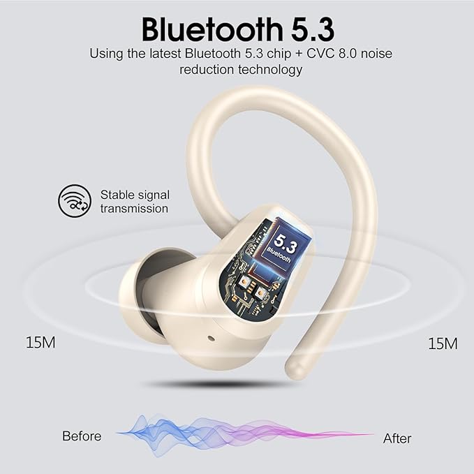 Wireless Earbuds, 2023 Bluetooth Headphones 5.3 Sport, 50H Ear buds with Earhooks, Dual LED Display, Bluetooth Earbuds, Bass Stereo Noise Cancelling Headphones, IP7 Waterproof Earphones, Off White