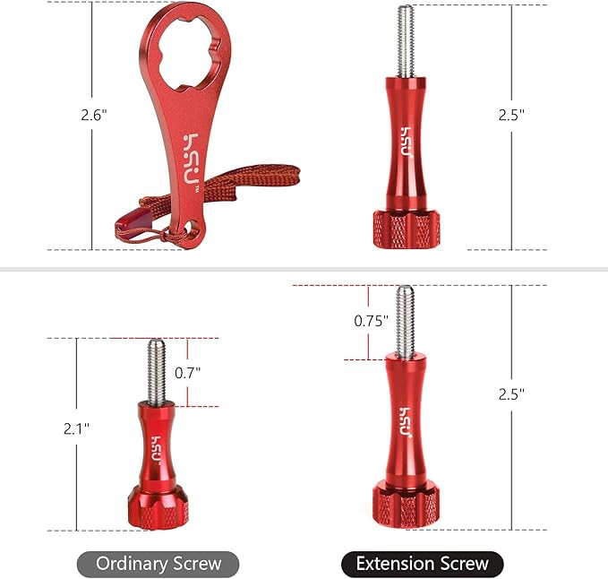 HSU Aluminum Alloy Thumbscrew Set (Extension)+ Wrench for Gopro Hero 13, 12, 11, 10, 9, 8, 7, 6, 5, 4, Compatible with GoPro Media Mod, AKASO Campark and Other Action Cameras (Red)