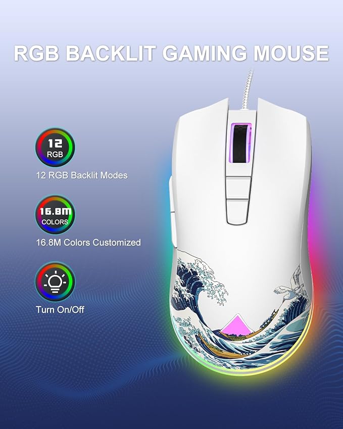 COSTOM Womier G705 USB Wired Gaming Mouse for PC Computer Windows Mac Laptop, Lightweight Silent RGB Backlit Mouse with Adjustable 12000DPI/7 Programmable Side Buttons,White Kanagawa Theme