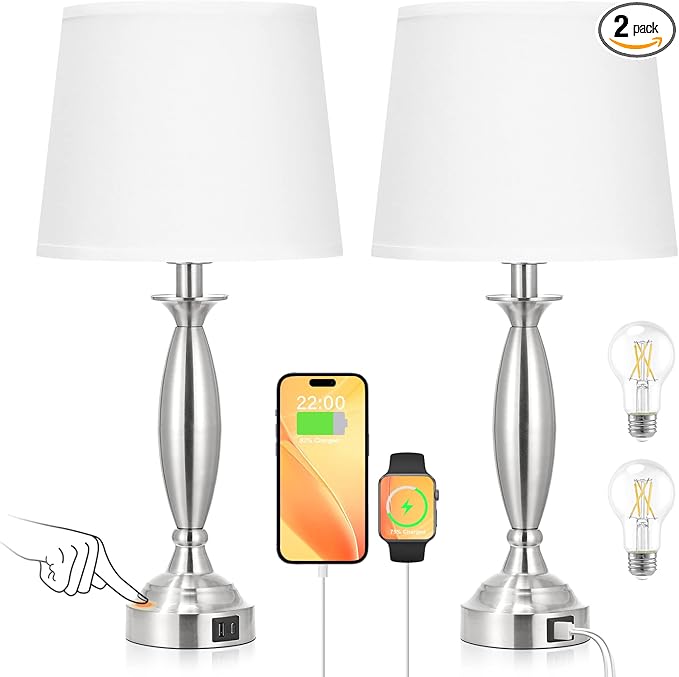 Seealle White Lamps for Bedrooms Set of 2 - Touch Control Bedside Lamp with USB C+A, 3 Way Dimmable Nightstand Lamps with USB Port, Table Lamp for Living Room(White Shade and Nickel Base)