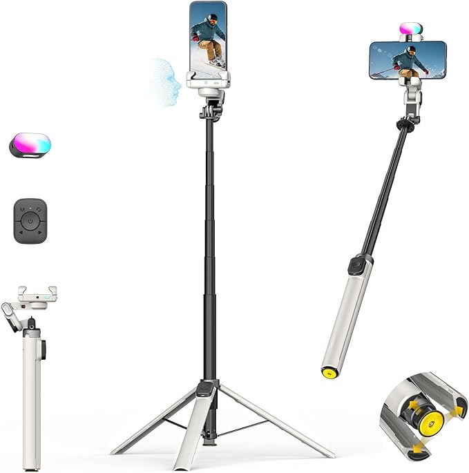 AOCHUAN 70.9” Auto-Open 4-in-1 Smartphone Gimbal for iPhone & Android, AI Face Tracking Phone Stabilizer(No App Needed) w/Magnetic Remote, 360° Rotating Gimbal, RGB Light& Built-in Tripod, M3Pro White