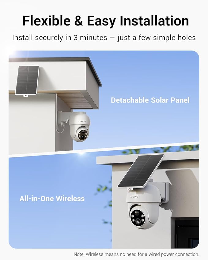 ANSQUE Security Cameras Wireless Outdoor Home System, 4 Camera Kit, No Subscription Fees, Solar Powered, Local Storage, 365-Day Battery Life, 360°PTZ Surveillance, Auto Tracking, 2K Color Night Vision