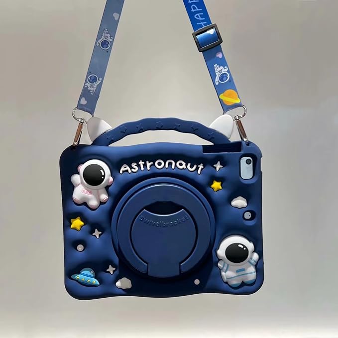 3D Cute Press Astronaut Case for iPad mini 7 (A17 Pro) 2024/Mini 6 2021 8.3 inch,Kawaii Cartoon Character Space Spacecraft Soft Silicone Rotating Stand Case with Lanyard for Kids Teens Girls Women