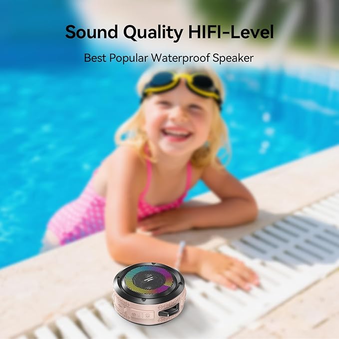 Shower Speaker, Certified IPX7 Waterproof, Mini Bluetooth Wireless Small Speaker with Lights, Suction Cup and Mic for Bathroom, Crystal Sound&Bass,12H Playtime, Ideal Electronic Gift(Pink)