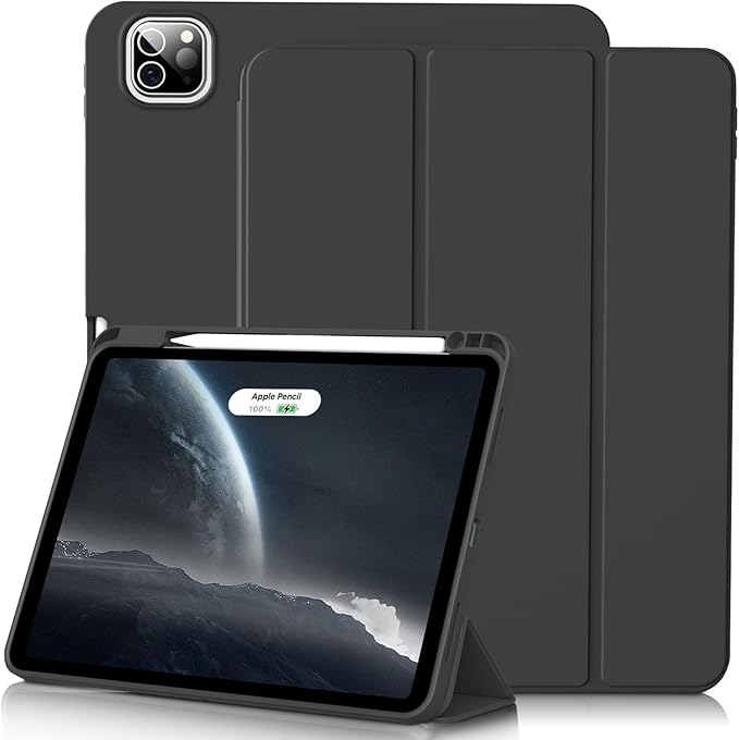for iPad Pro 12.9 Inch Case 6th/5th/4th Generation (2022/2021/2020) with Pencil Holder, Smart Stand Cover with Soft TPU Back for iPad Air 13 inch Case, Auto Sleep/Wake, Black