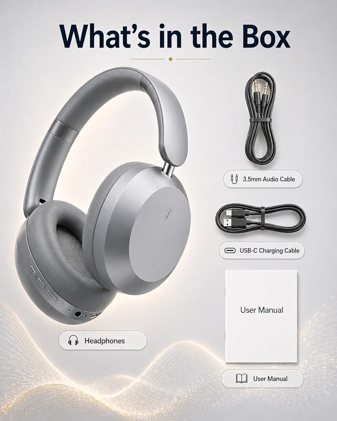 Wentronic Y05 Bluetooth Over-Ear Headphones with Active Noise Cancelling, Hi-Res Audio, 48H Playtime, Built-in Mic, Wired/Wireless, Works with iOS, Android & PC, Grey