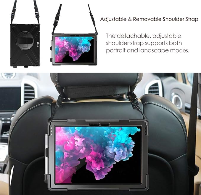Case for Microsoft Surface Pro 7 Plus/Pro 7/6/5/2017/4/LTE 12.3 Inch Tablet, Heavy Duty Shockproof Protective Rugged Cover With Rotating Stand, Hand Strap, Shoulder Strap - Black