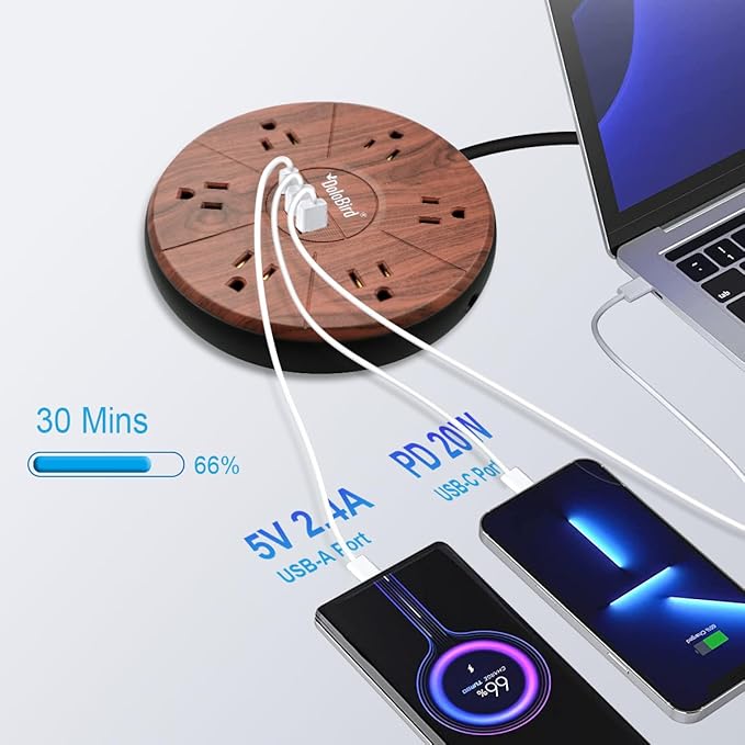 Power Strip Surge Protector 6 AC outlets with USB and USB-C PD 20W Fast Charging 15A 1875W high Power Output Widely Spaced Multi outlets Circuit Breaker Safeguard for Home,Office, Dorm Room