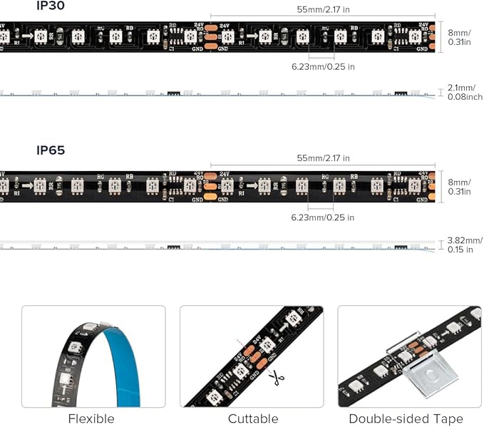 BTF-LIGHTING 2835SMD WS2811 IC RGB Chasing Color LED Strip Light 24.6FT DC24V 108LED/m 18Pixels/m 8mm Width IP65 Flexible Addressable Strip for Indoor Decor (No Adapter or Controller)