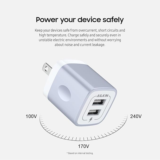 AILKIN 2.1A Multiport Fast Charge Power Brick Cube for iPad, iPhone, iPod, Samsung Galaxy, Motorola, Moto, Huawei, HTC, LG, Nokia, PlayStation5, Cell Phone Charger Box