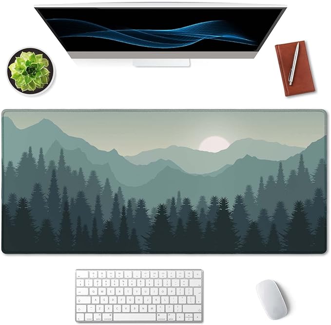 SSOIU Sunset Mountains Landscape Green Desk Mat, Extra Large Desk Mat, Large Gaming Mouse Pad, Extended Mouse Pad, Gaming Keyboard Mat, Non-Slip Laptop Computer Keyboard Mousepad for Office and Home