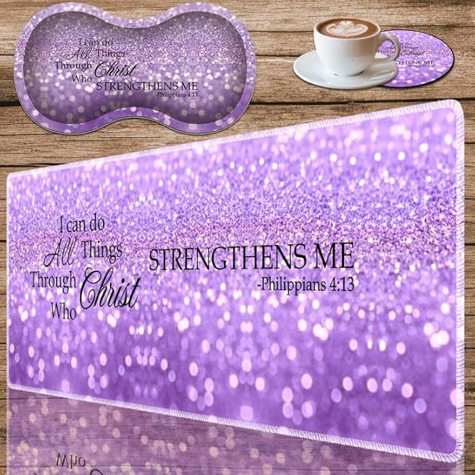 Durable Desk Mat + Wrist Rest Pad + Coasters Set, Large Gaming Office Mouse Pad 31.5 "x 11.8", Extended Non-Slip Rubber Keyboard Pad, Laptop & Home, Purple Glitter Quote Philippians 4-13
