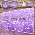 Durable Desk Mat + Wrist Rest Pad + Coasters Set, Large Gaming Office Mouse Pad 31.5 "x 11.8", Extended Non-Slip Rubber Keyboard Pad, Laptop & Home, Purple Glitter Quote Philippians 4-13