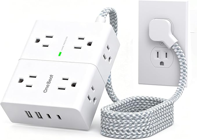 One Beat Surge Protector Power Strip, 6 Ft Ultra Thin Flat Extension Cord with 8 Outlets 4 USB Ports(2 USB C), Flat Plug Power Strip, Braided Power Strip for Home, Office, Dorm Room Essentials