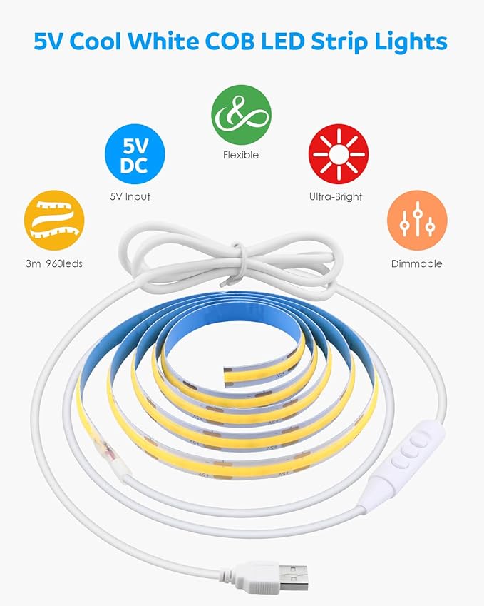 Aclorol 5V COB LED Strip Light USB Powered 6000K 9.84FT/3M 960LEDs Dimmable LED Flexible Light Strip with Dimmer 8mm Width Doltless LED Tape Light for TV Backlights 3D Printer Kitchen Mirror Wardrobe