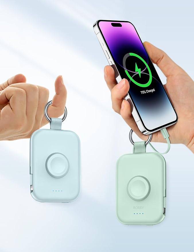 RORRY Portable Charger, 5000mAh Portable Charger Power Bank with Built-in Cables, Travel Keychain Battery Pack for Apple Watch Ultra/11/10/9/8/7/6/SE, iPhone Air/17/16/15/14/13/12, White