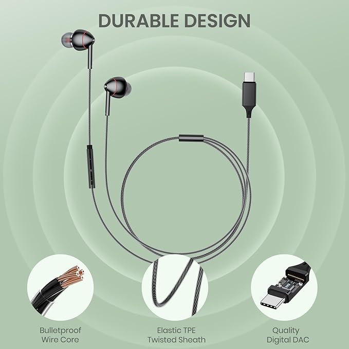 USB-C Wired Earbuds with Microphone, Volume Control, Noise Canceling, Compatible with Samsung Galaxy S24 S23 S22, iPhone 17 16 15 Pro Pro max, Pixel Phones
