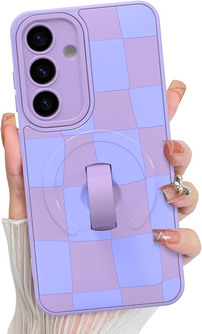 KANGHAR Compatible with Samsung Galaxy S25 Case, Support for MagSafe, Silicone Checkered Cute Pattern, Wristband Kickstand Camera Protection Soft Slim Cover for Girls Women -Purple