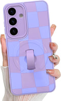 KANGHAR Compatible with Samsung Galaxy S25 Case, Support for MagSafe, Silicone Checkered Cute Pattern, Wristband Kickstand Camera Protection Soft Slim Cover for Girls Women -Purple