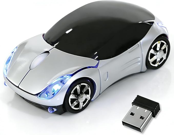 Silver Wireless Mouse，Mini Car Computer Mouse，1600DPI 2.4G with USB Receiver, Ergonomic Cute Computer Mice for Laptop, PC, Windows, Mac OS (Silver)