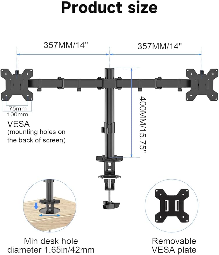 Suptek Dual Monitor Desk Mount, Adjustable Dual Monitor Arm for 2 Computer Screens up to 27 inch, Dual Gas Spring Monitor Arm, Holds up to 22 lbs Each, VESA 75x75/100x100 mm, Black (MD9442)