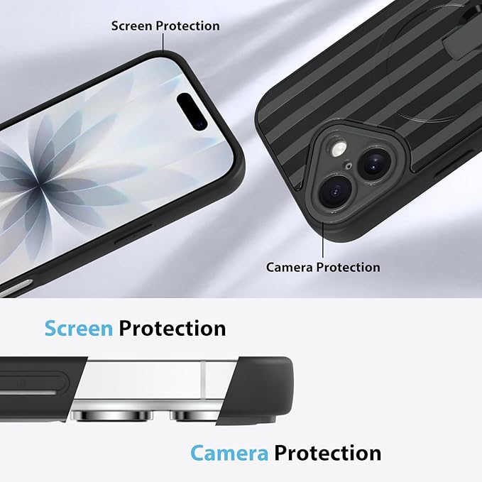 KANGHAR Compatible with iPhone 17 Case, Support for MagSafe, Silicone Stripes Cute Pattern, Wristband Kickstand Camera Protection Soft Slim Cover for Girls Women -Black