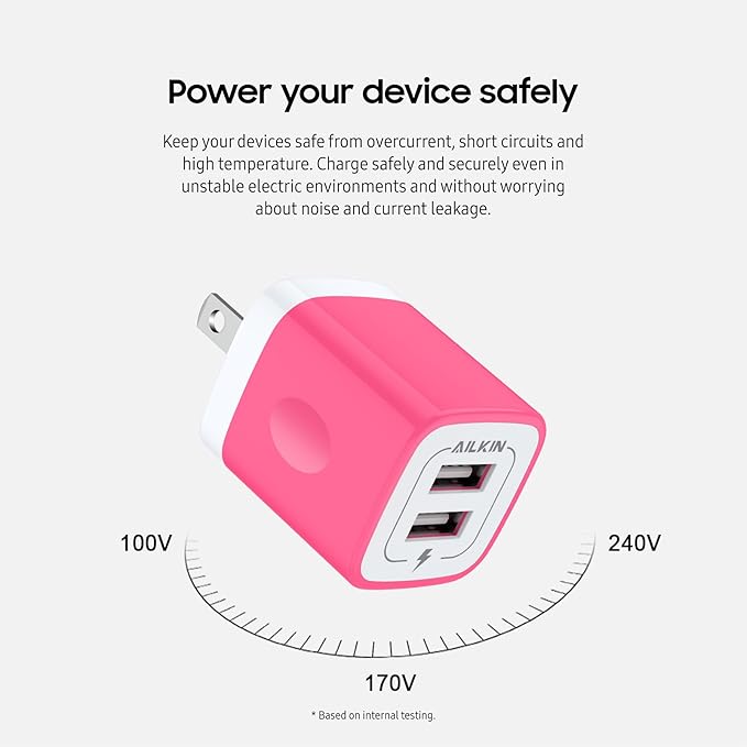 AILKIN 2 Pack Dual USB Wall Chargers, 2.1A, Compatible with iPhone, Samsung, LG, Moto, Kindle, Fast Charging, UL Certified