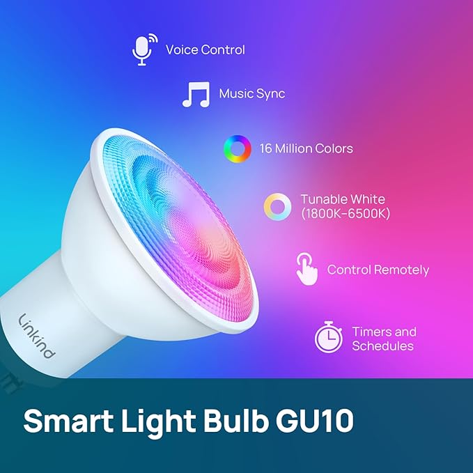 Linkind Matter GU10 Smart Light Bulbs, 40W 470LM Color Changing Light Bulbs, Compatible with Alexa/Google Home/Apple Home, Warm&Daylight White(1800K-6500K), Music Sync & Dynamic Light Shows, 4Pack