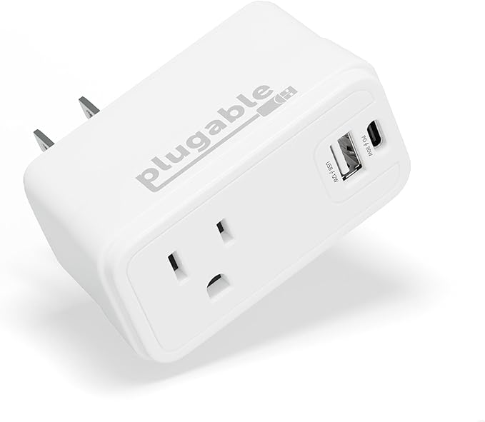 Plugable Outlet Extender with USB-C & USB-A Fast Charging - Wall Charger Block for iPhone 15/16. Pass-Through Design, Travel & Office