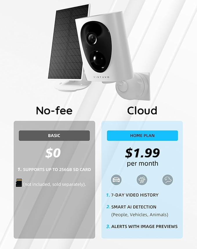 VIRTAVO Wireless Solar Security Camera Outdoor, 2K Starlight Color Night Vision, PIR Motion Detection, Battery Powered, 2-Way Audio, Weatherproof, Cloud/SD Storage, 2.4GHz WiFi, No Monthly Fee