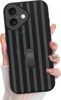 KANGHAR Compatible with iPhone 16 Case, Support for MagSafe, Silicone Stripes Cute Pattern, Wristband Kickstand Camera Protection Soft Slim Cover for Girls Women -Black