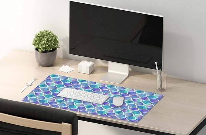 SSOIU Desk Mat, Extended Gaming Mouse Pad 35.5x15.7 in, Large Non-Slip Rubber Base Mousepad with Stitched Edges, Waterproof Keyboard Mouse Mat Desk Pad for Work, Game, Office -Watercolor Mermaid Scale