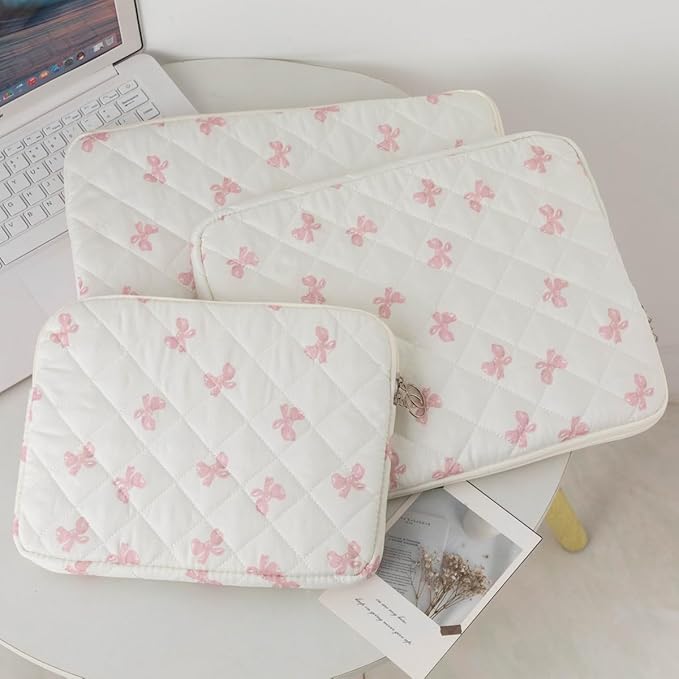 Cutecore Bow Puffy Quilted Laptop Sleeve Y2K Preppy Tablet Protective Case Girly Coquette Aesthetic Notebook Pouch (Pink,13 inch)