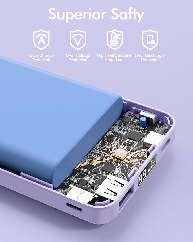 podoru for Magsafe Battery Pack, Foldable 10000mAh Magnetic Power Bank with USB-C Cable LED Display 22.5W PD Fast Charging Wireless Portable Charger for iPhone 17/16/15/14/13/12 Series-Light Purple