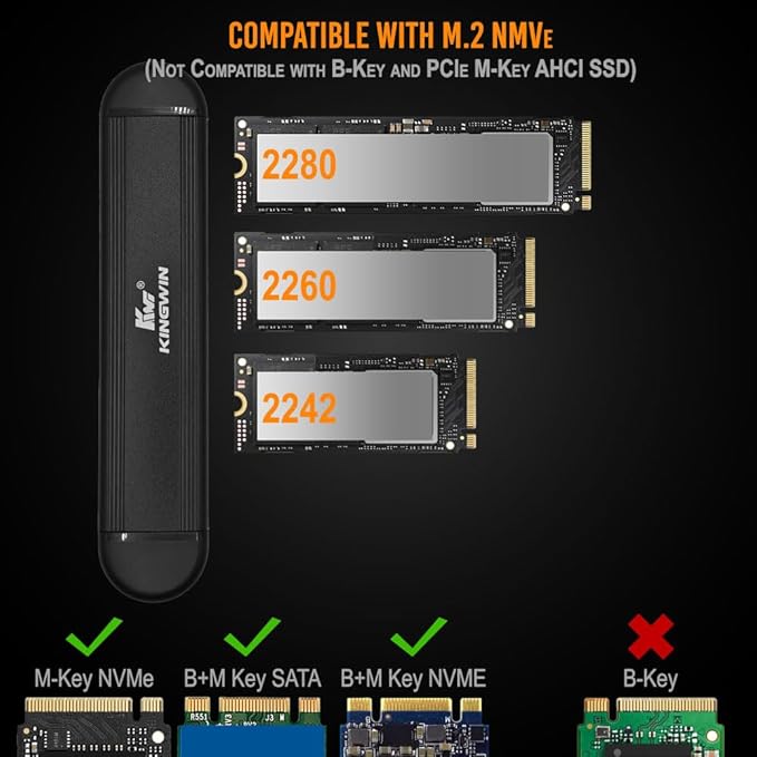 Kingwin M.2 NVMe SSD Enclosure USB 3.2 Gen 2 (10Gbps), Tool-Free, Dual USB-C & USB-A, Aluminum Case for M-Key/B+M Key 2230/2242/2260/2280, External NVMe SSD Adapter for Windows/Mac/Linux