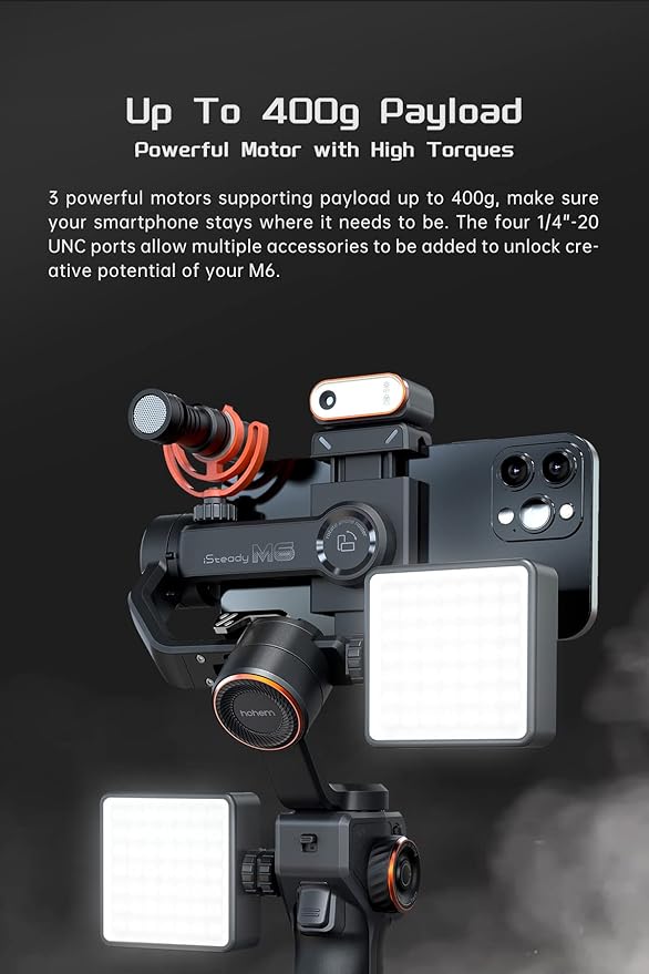 Hohem iSteady M6 Gimbal Stabilizer for Smartphone, 3-Axis Cell Phone Stabilizer Built-in OLED Display 400g Payload Reverse Charging Android and iPhone Gimbal with Inception Motion Timelapse