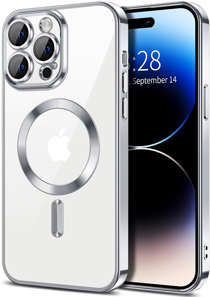 Hython Magnetic Clear for iPhone 14 Pro Case with Camera Lens Protector [Compatible with MagSafe] Luxury Plating Edge Slim Soft TPU Cover Protective Phone Case for iPhone 14 Pro 6.1", Silver